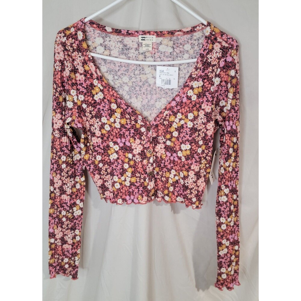 Billabong NWT Large Floral Ribbed Crop Top Button Front Long Sleeve Pink